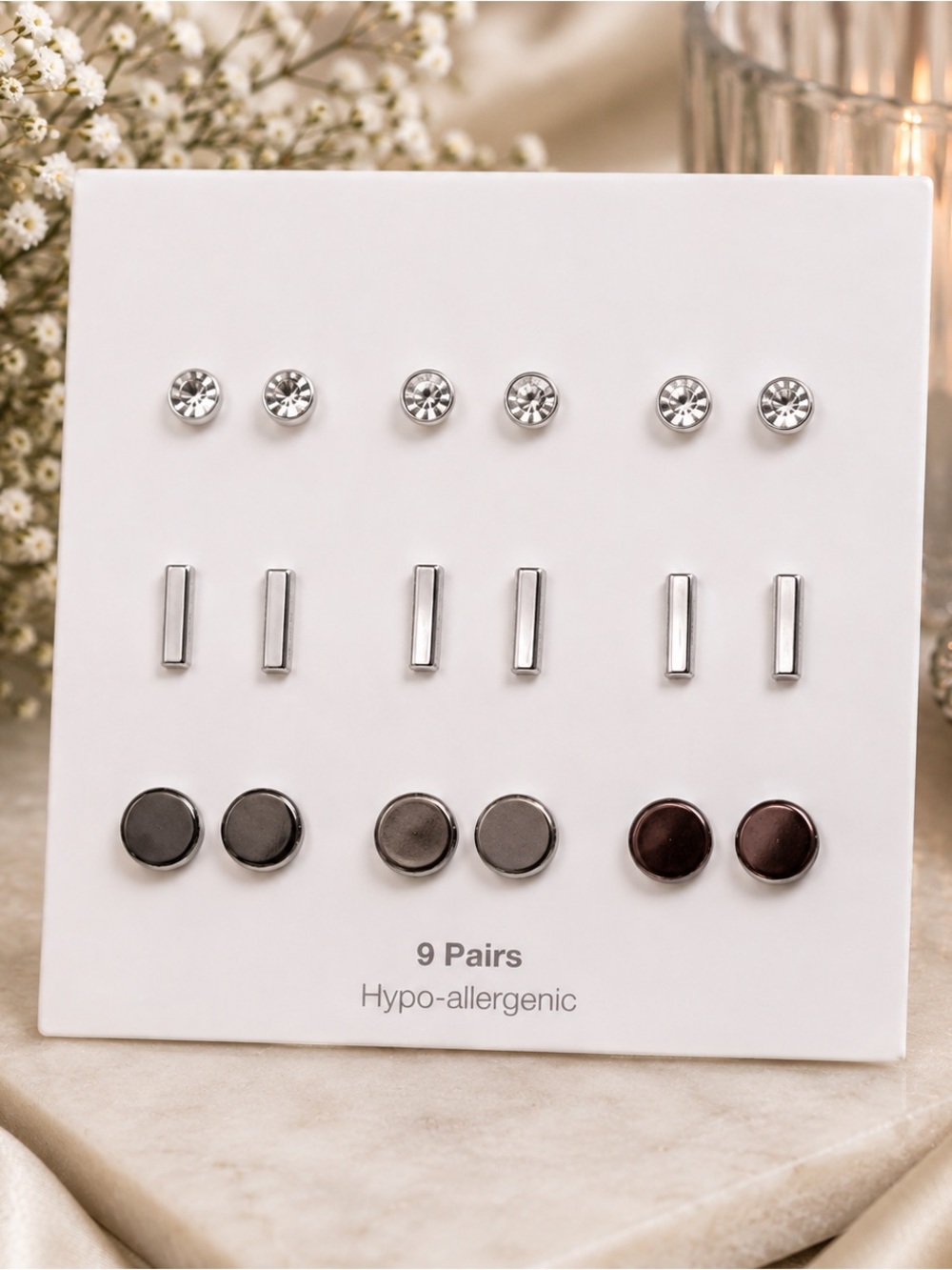 ✨ 9-Pair Hypoallergenic Silver-Tone Stud Earring Set ✨
